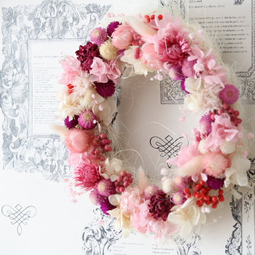 秋の旬花 千日紅ピンクラブリーリース プリザーブドフラワー