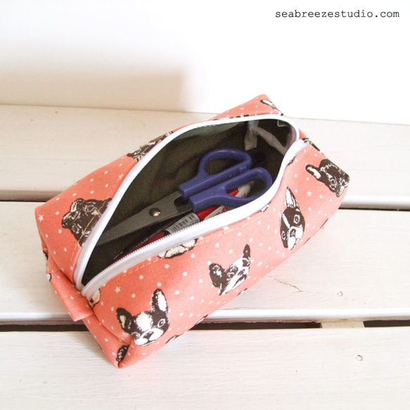 SALE　横長ボックスポーチ（フレンチブルドッグ・ピンク）受注制作 2枚目の画像