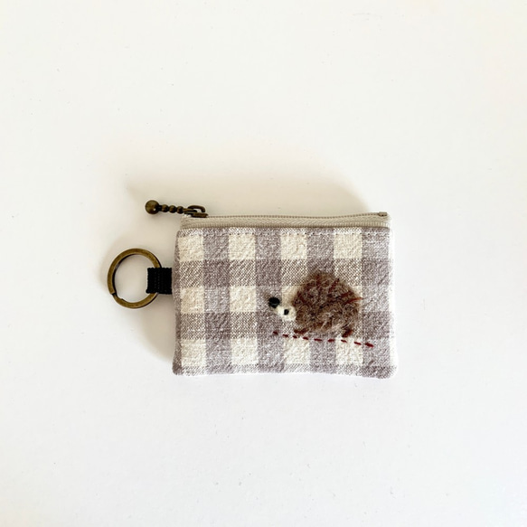 迷你零錢包（棉麻灰色格子和春季鼠標貼花） 第1張的照片