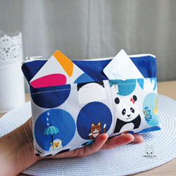 Lovely樂芙妮【日本布訂製】熊貓與動物大容量多分隔筆袋、工具袋、藍 第1張的照片
