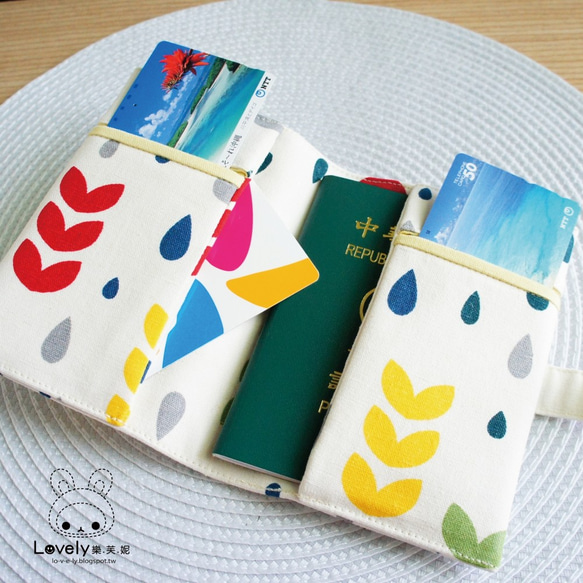 Lovely樂芙妮【韓國布】彩葉水滴滾邊護照套、布書套10X14cm、米白 第3張的照片