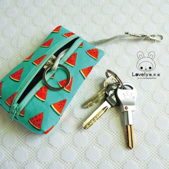 Lovely【日本布】西瓜片立體茶包拉鍊鑰匙包、ID感應卡可用、綠 第2張的照片