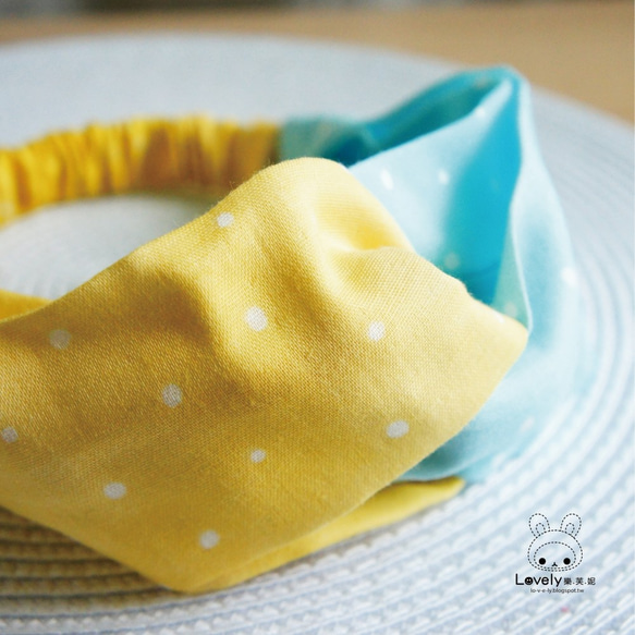 Lovely【日本二重紗】小點點雙色蝴蝶鬆緊髮帶、髮圈【黃與粉藍】 第2張的照片