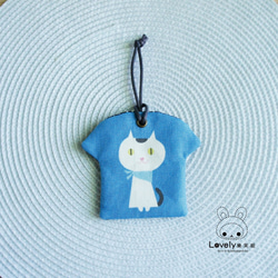 素敵な日本の綿と麻[白猫Tシャツ形平和シンボルバッグ]詩サインお守り、グレーブルー 3枚目の画像
