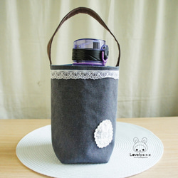 Lovely【石洗帆布】雜貨風愛心蕾絲花片水壺袋、灰駝 第8張的照片