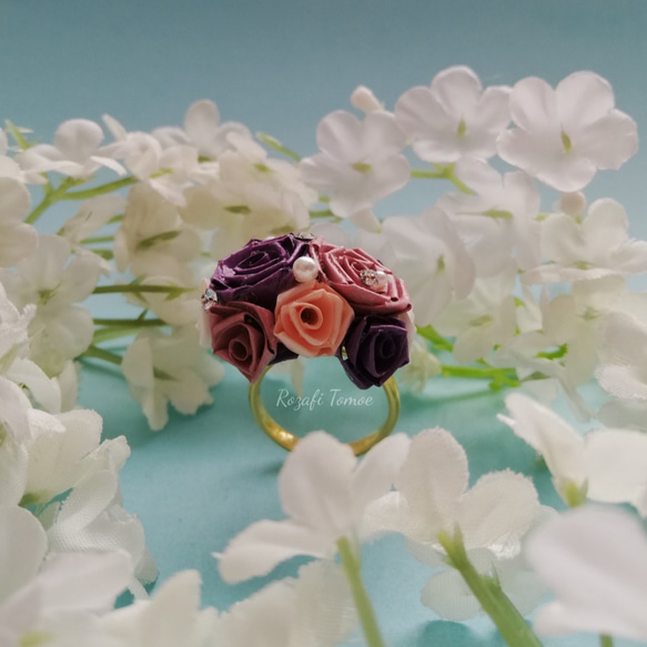 紫色のツインローズの指輪（サイズフリー）【ロザフィ】 4枚目の画像