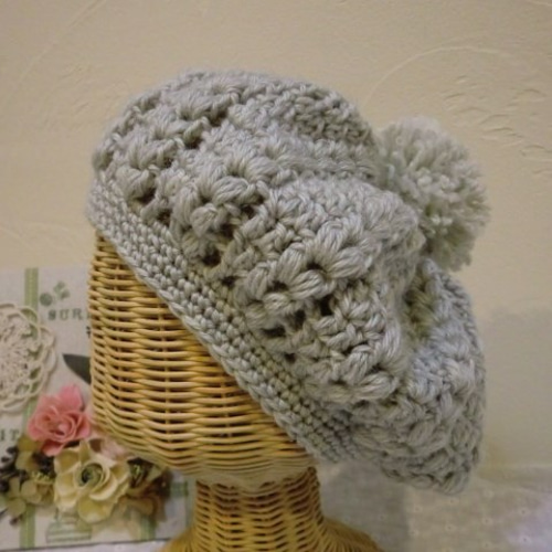 受注制作※ざっくり編みハート柄ベレー帽（グレー） ベレー帽