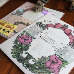 （ドット柄）花とリボンと猫のレターセット 3枚目の画像