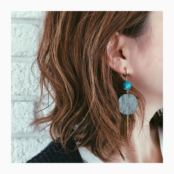 ❂ wood & turquoise earring ❉ 2枚目の画像