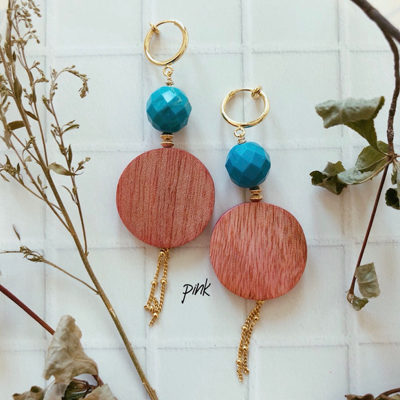 ❂ wood & turquoise earring ❉ 3枚目の画像