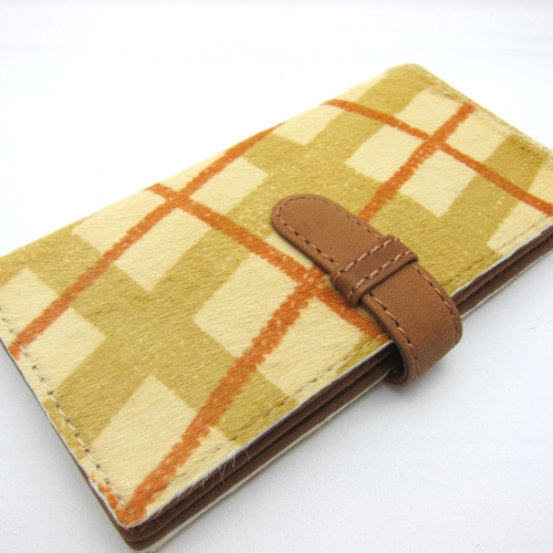 とても滑らかなイタリア製ハラコ 二つ折り長財布 チェック ベージュ 長  