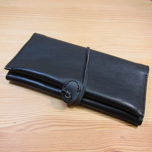 匿名配送 ハンドメイド】牛革本革長財布黒メガネ入れレザーペン