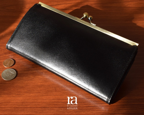 送料無料】高級イタリアンレザー がまぐち 長財布 ブラック ガマ口