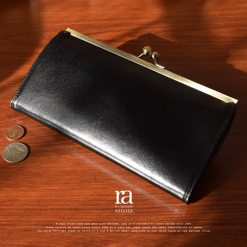 送料無料】高級イタリアンレザー がまぐち 長財布 ブラック ガマ口