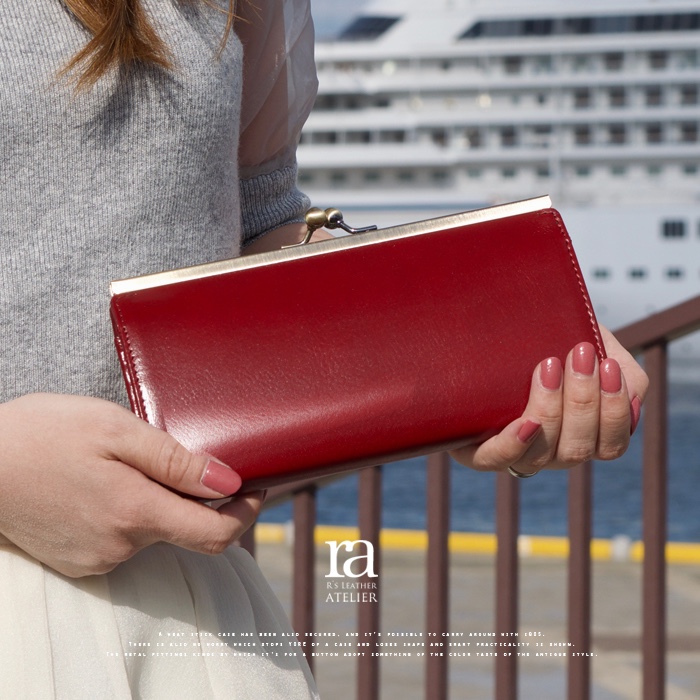 【送料無料】高級イタリアンレザー がまぐち 長財布 ルビーレッド バーガンディー ガマ口 ガマグチ