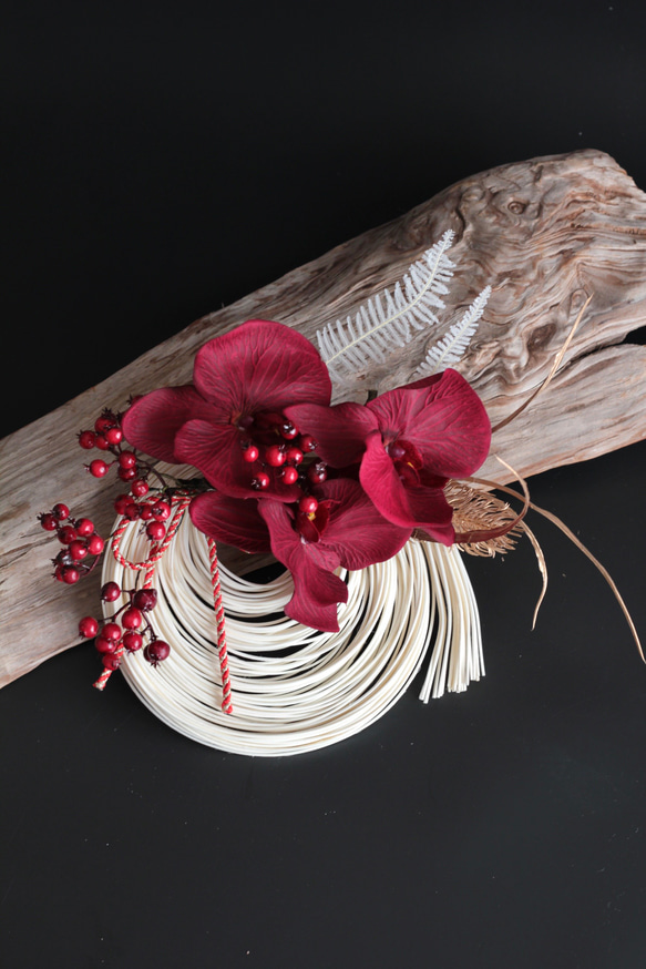 【しめ縄】モダン造花しめ縄飾りワインレッド胡蝶蘭 3枚目の画像