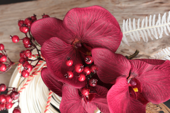 【しめ縄】モダン造花しめ縄飾りワインレッド胡蝶蘭 6枚目の画像