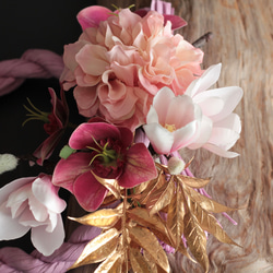 【しめ縄】モダン造花しめ縄飾りピンクダリアと木蓮 8枚目の画像
