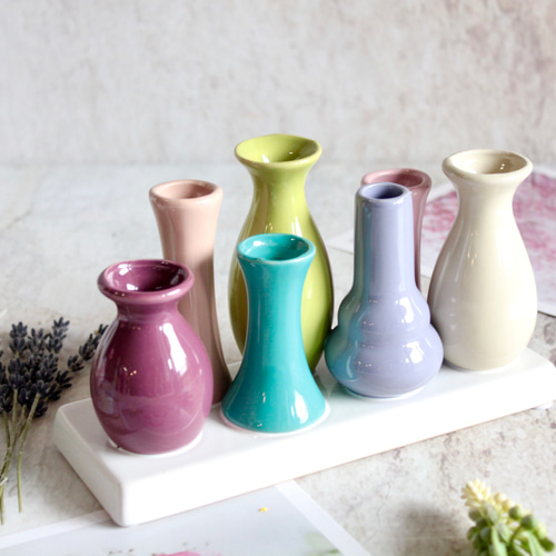 花器付き】カラフル陶器の7つ口花瓶とカラフルフラワーの