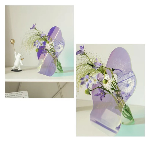 アクリルの立て掛けフラワーベースに飾ったフラワーアレンジ 一輪挿し