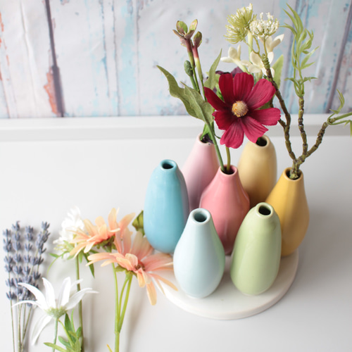 花器付き】カラフル陶器の7つ口花瓶とカラフルフラワーの