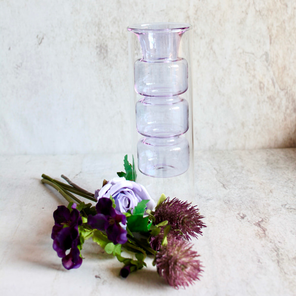 【造花付き】パープルクリアガラス花瓶の投げ入れ 9枚目の画像
