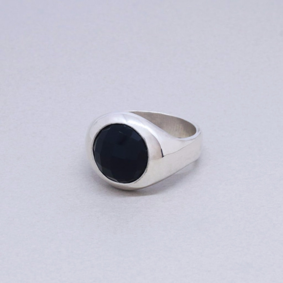 12毫米黑色瑪瑙凸圓形銀戒指（21號） 第1張的照片