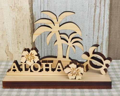 木製 ヤシの木オブジェ【ホヌ.ハイビスカス.ALOHA】セット その他
