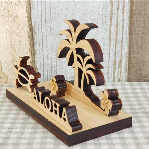 木製 ヤシの木オブジェ【ホヌ.ハイビスカス.ALOHA】セット