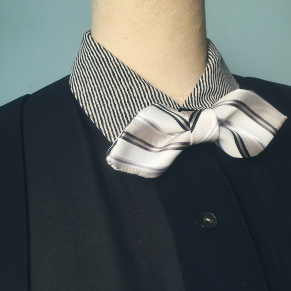 Papa's Bow Tie-古董布花領帶改製手工領結-銀白--寬版 第6張的照片