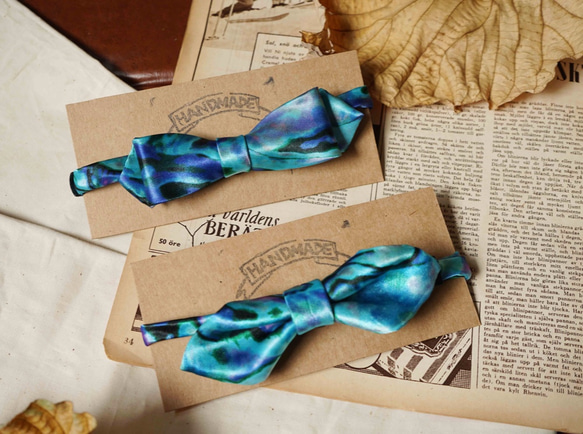 アンティーククロス花ネクタイ手作り蝶ネクタイ深海魚青ワイドバージョン 4枚目の画像