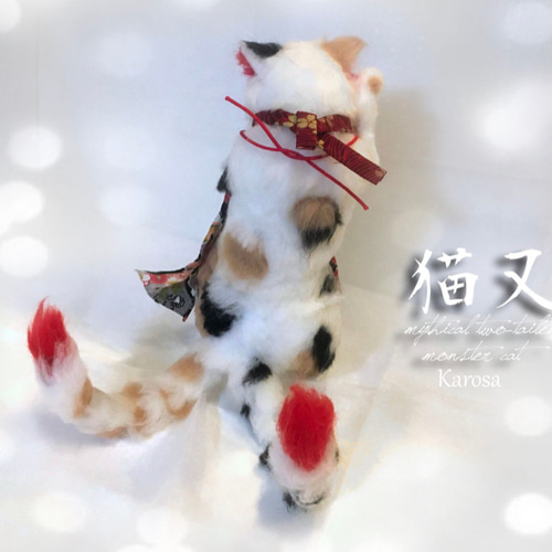 猫又　三毛猫　アートドール　オリジナル 春咲桜子猫 完全オリジナル 可動 桜 蝶々 猫 ネコ 羊毛フェルト