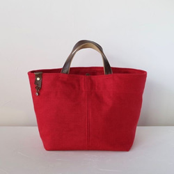 赤いスペイン製リネン　持ち手レザートートバッグ　 2枚目の画像