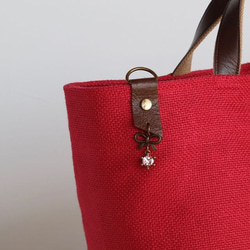 赤いスペイン製リネン　持ち手レザートートバッグ　 3枚目の画像