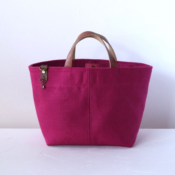 ピンク　スペイン製リネン　持ち手レザートートバッグ　 2枚目の画像