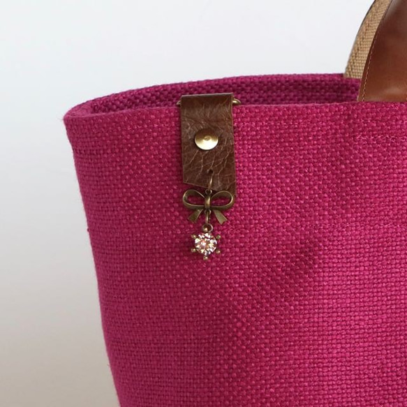 ピンク　スペイン製リネン　持ち手レザートートバッグ　 3枚目の画像