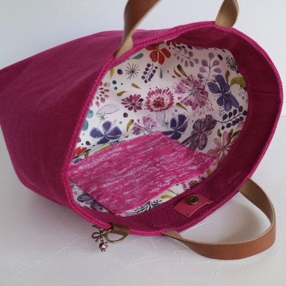 ピンク　スペイン製リネン　持ち手レザートートバッグ　 4枚目の画像