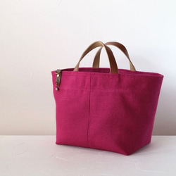 ピンク　スペイン製リネン　持ち手レザートートバッグ　 5枚目の画像