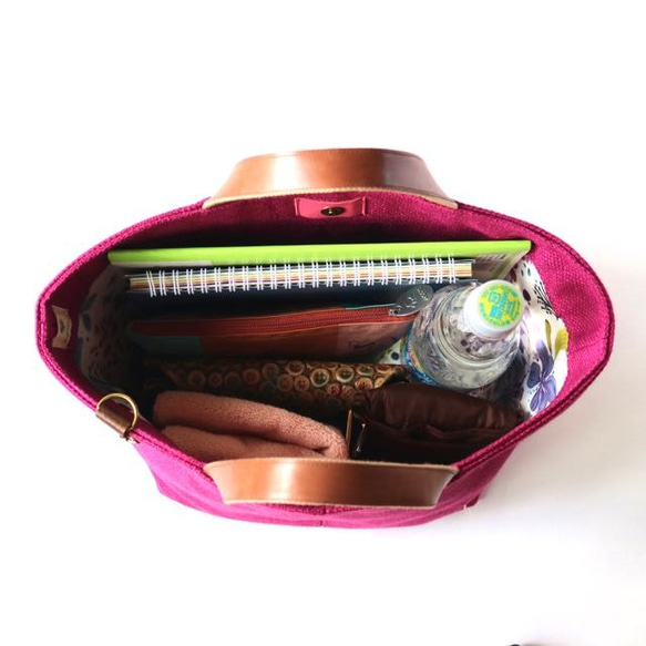 ピンク　スペイン製リネン　持ち手レザートートバッグ　 10枚目の画像