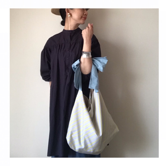 《3way》ribbon tote bag Lサイズ（stripe yellow） 3枚目の画像