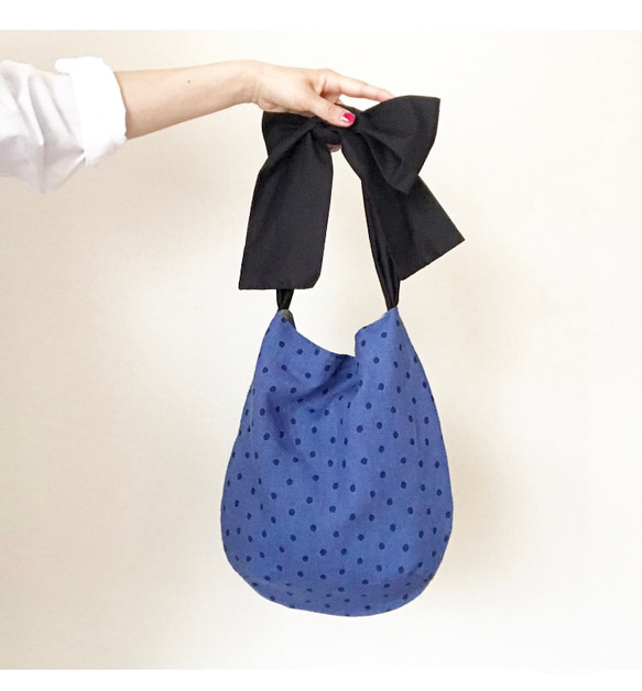 【3日以内に発送】ベルギーリネン使用・3way ribbontotebag （linen Blue） 7枚目の画像
