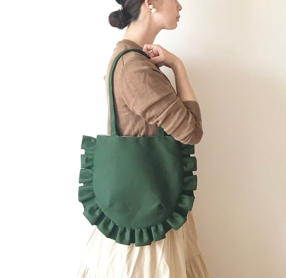 【受注生産】frill tote bag（dark green） 1枚目の画像