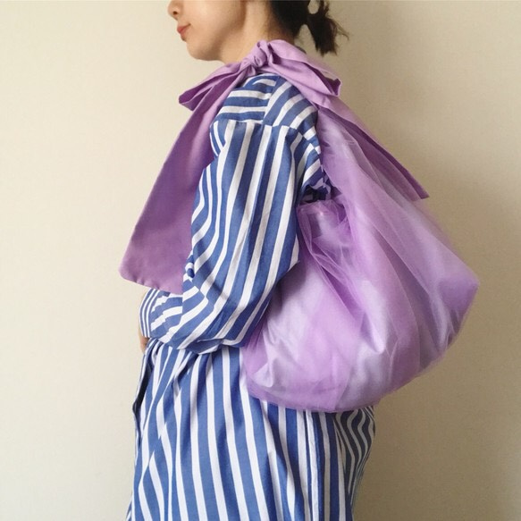 【受注生産】3way  ribbon tote bag （tulle purple） 2枚目の画像