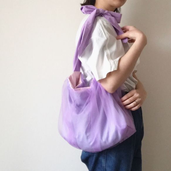 【受注生産】3way  ribbon tote bag （tulle purple） 3枚目の画像