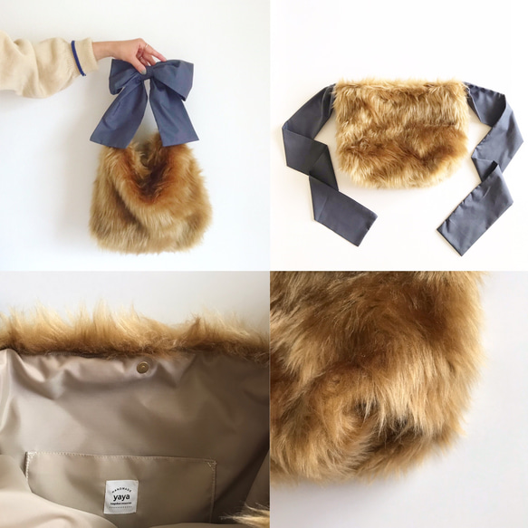 3way eco fur ribbon tote bag（キャメル） 6枚目の画像