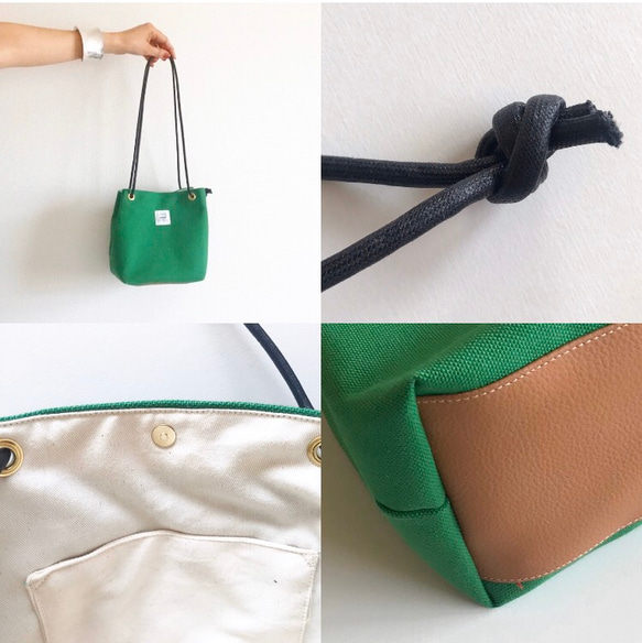 【受注生産】2way canvas × ecoleather mini bag（グリーン） 4枚目の画像