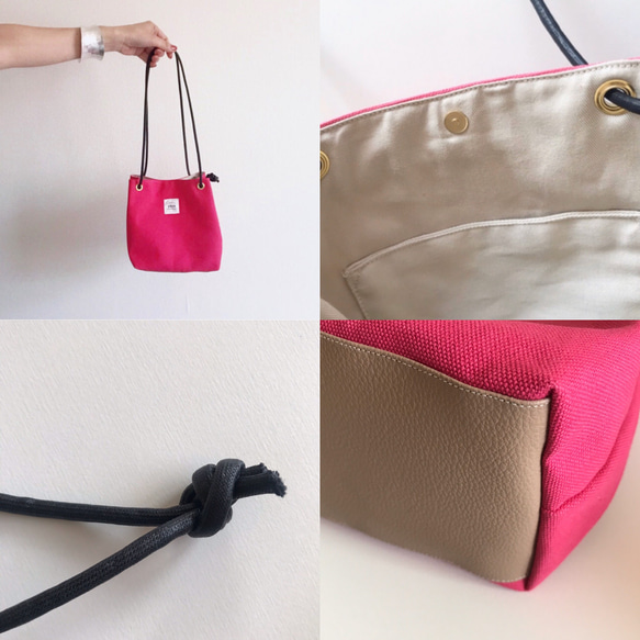 【受注生産】2way canvas × ecoleather mini bag（ピンク） 3枚目の画像