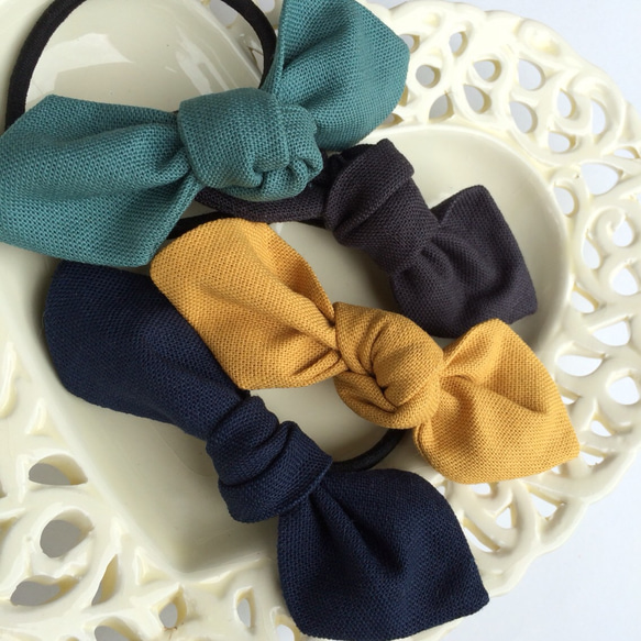 日本產棉麻 成熟色系蝴蝶結髮圈 芥黃 第3張的照片