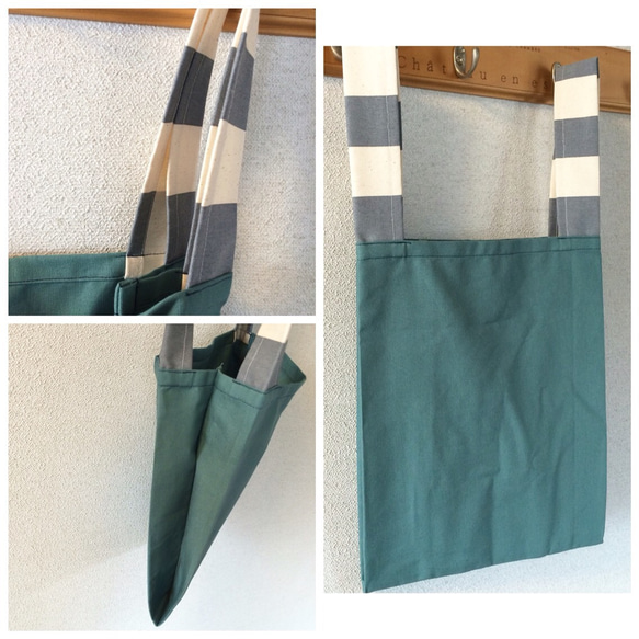 日本產棉麻 簡約色系×條紋扁扁包 藍綠 第3張的照片