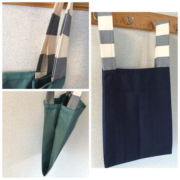 日本產棉麻 簡約色系×條紋扁扁包 海軍藍 第3張的照片